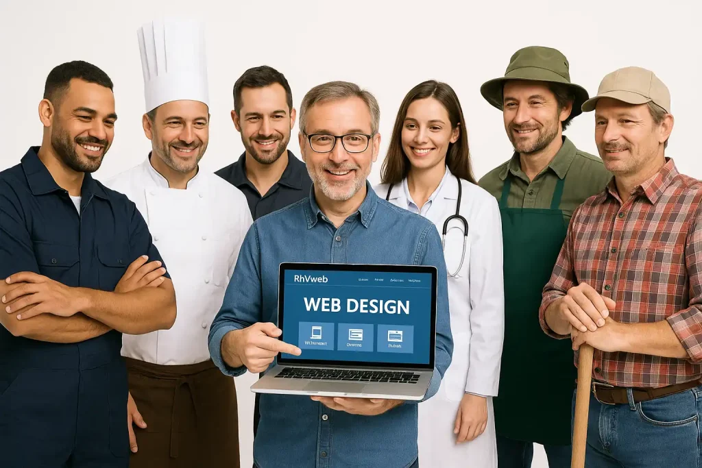 Webmaster RHVweb quinquagénaire présentant un site internet à différents professionnels