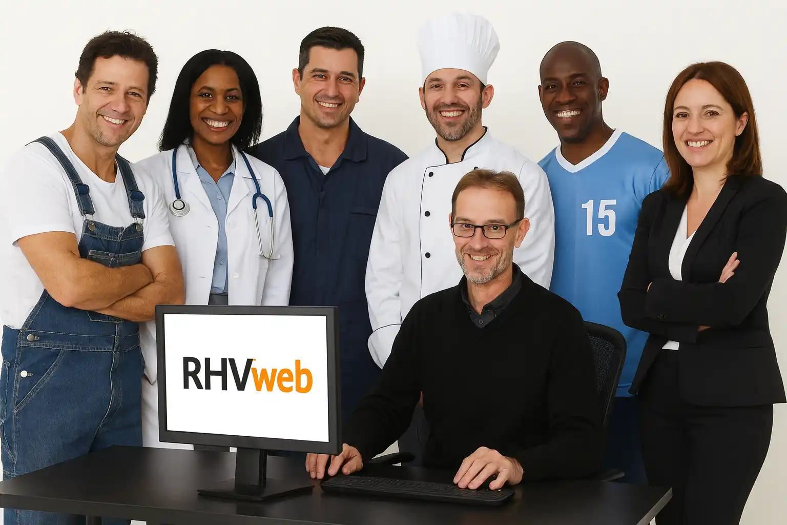 Webmaster RHVweb quinquagénaire présentant un site internet à différents professionnels